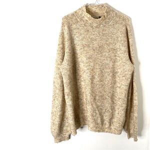 Maude Vivante Heather Beige Mock Neck Knit Sweater Balloon Sleeve Cozy